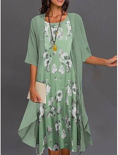  Női diplomázási ruha midi ruha sifon ruha shift ruha elegáns napi laza fit virágos félig hosszú ujjú crew neck zöld nyári tavasz ősz