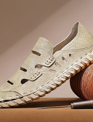  sandales de pêcheur en cuir beige pour hommes avec un design découpé respirant, une semelle confortable pour un usage décontracté, en plein air et en été