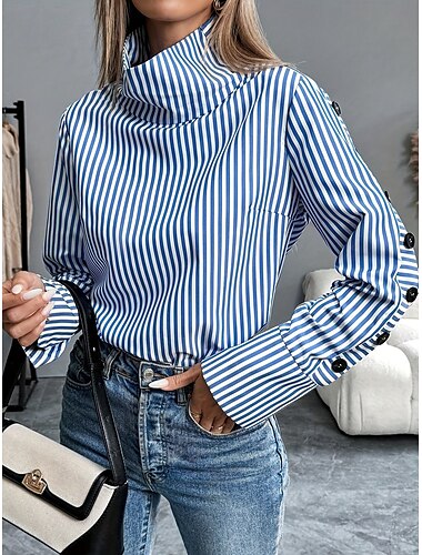  Mulheres Camisa Social Blusa Listrado Básico Casual Manga Longa Gola Alta Tops regulares Diário Botões Azul Verão Primavera Outono