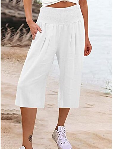  Mujer Pantalones cortos de lino y algodón Pantalones inspirados en el lino Pantalones de lino y algodón Moda Ropa de calle Básico Medio corto Alta cintura Plano Bolsillo Cintura elástica Comodidad Al