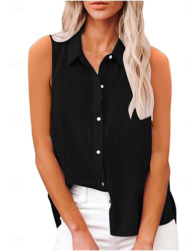  Kvinne Skjorte Bluse Ensfarget Stilig Casual Uten Ermer Skjorte Krage Vanlige Topper Daglig Lin Som Lignende Knapper Svart Hvit Rosa Lilla Sommer Vår