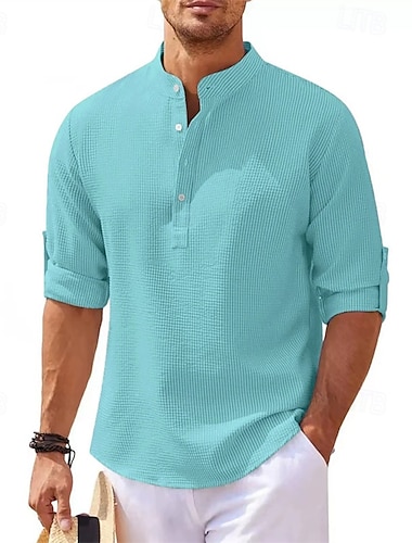  Voor heren Overhemd Popover-shirt Zomer overhemd Normaal shirt Strand hemd Wafel gebreid overhemd Zwart Wit blauw Hemelsblauw Leger Groen Lange mouw Effen Opstaand Vakantie Hawaii Knop Kleding