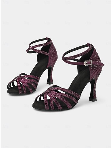  lila, mit Strasssteinen besetzte Latein-Tanz-Sandalen mit Fesselriemchen – elegantes Design für lateinamerikanischen Tanz und besondere Anlässe