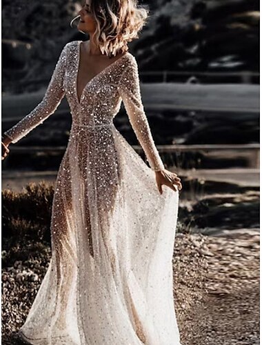  Hochzeitskleider Ballkleid V Ausschnitt Langarm Kirchen Schleppe Satin Brautkleider Mit Plissee Gerafft 2025