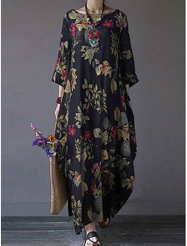  Femmes Robe maxi Robes en coton et lin Robe Décontractée Basique Occasionnel Vacances Quotidien Coupe régulière Fleuri manche longue Col ras du cou Magenta bleu marine Orange Été