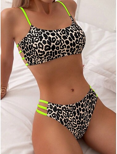  Frauen Bikinis Zweiteilige freizügige Badeanzug rückenfrei schlank Urlaub Strandkleidung Leoparden tiefer Ausschnitt ärmellose Badebekleidung