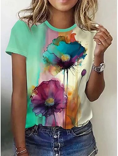  Dames T-shirt Bloemig Kleurenblok Casual Korte mouw Ronde hals Normale tops Dagelijks Afdrukken Groen Zomer