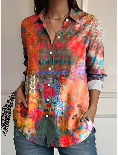  Dames Overhemd Bloemig Casual Lange mouw Overhemdkraag Normale tops Werk Dagelijks Knop Afdrukken Blozend Roze Rood blauw Oranje Regenboog Zomer Lente Herfst