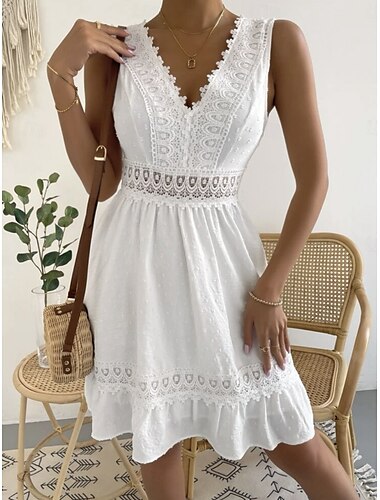  Damen Minikleid Weißes Kleid Abschlusskleid Freizeitkleid Trägerkleid Basic Lässig Urlaub Täglich Normale Passform Einfach Ärmellos V Ausschnitt Schwarz Weiß Sommer