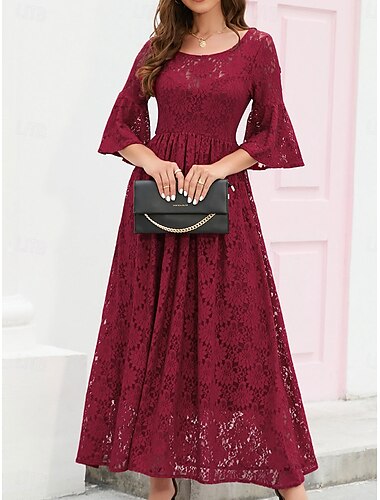  Damskie Sukienka midi Koronkowa sukienka Sukienka maxi Sukienka A line Elegancja Elegancki Codzienny Rozkloszowany rękaw Urlop Impreza Codzienny Regularny Równina Krótki rękaw Półgolf Czarny Wino