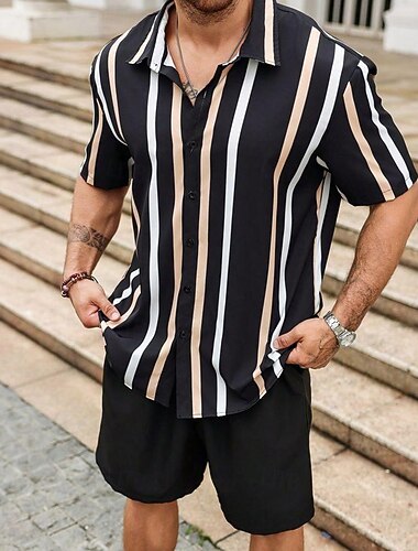  Per uomo A righe 2 pezzi Set di camicie Top estivi Manica Corta Pantaloni corti Collo ripiegato Casual All'aperto Casa Casuale Stampa 3D Estate Nero