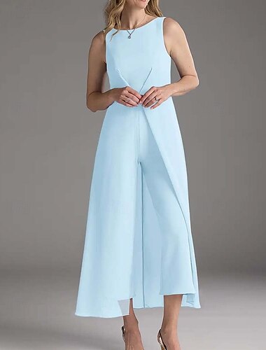  Overall  Hosenanzug Brautmutter Hochzeitsgast Elegant Einfach Minimalistisch Juwel-Ausschnitt Knöchellang Polyester Ärmellos mit Falten Raffung Einfarbig 2025
