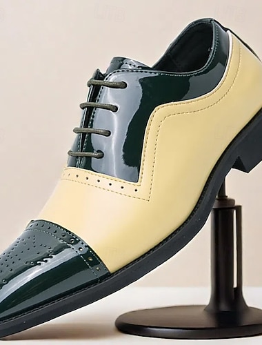  حذاء أوكسفورد رجالي من الجلد اللامع ثنائي اللون، حذاء رسمي باللونين الأخضر والبيج لحفلات الزفاف والحفلات والمناسبات الرسمية