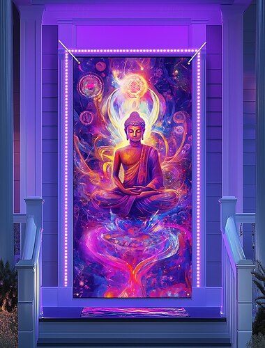  Decoraciones de puerta de luz negra cubiertas de puerta mandala de Buda que brilla en la oscuridad tapiz de puerta cortina de puerta decoración fondo para puerta frontal de granja