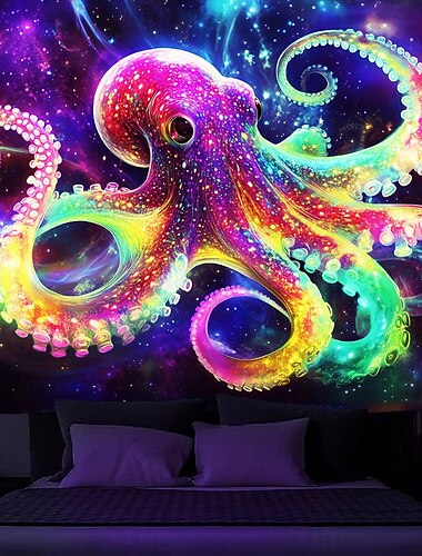  Tapisserie noire lumineuse qui brille dans le noir Glow Party UV réactive Trippy Misty animal pieuvre Tapisserie murale art mural pour salon chambre