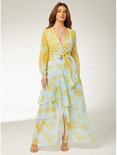  A-Linien Partykleider Floral Kleid Hochzeitsgast Feiertag Bodenlänge Langarm V-Ausschnitt Polyester mit Druck Trägerhochzeitsgastkleid 2025