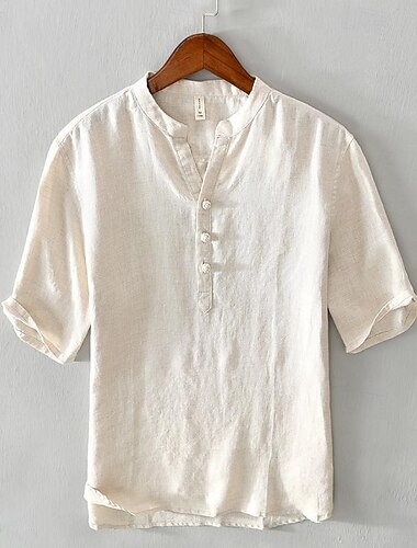  Voor heren Overhemd linnen overhemd Popover-shirt Normaal shirt Katoenen shirt Effen Vakantie Straat Wit Khaki Licht Blauw Korte mouw Band Kraag Zomer Kleding Knop
