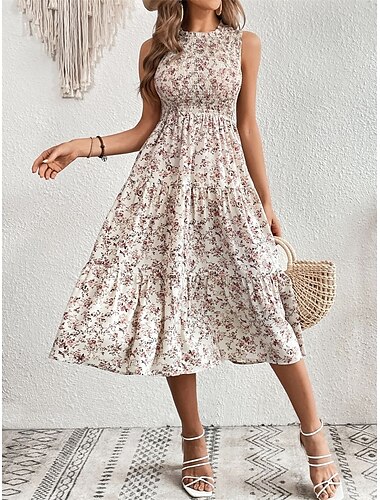  Damen Midikleid Casual kleid A Linie Kleid Stilvoll Brautkleider schlicht Urlaub Casual Täglich Regular Fit Blumen Ärmellos Rundhalsausschnitt Schwarz Weiß Wein Sommer Frühling