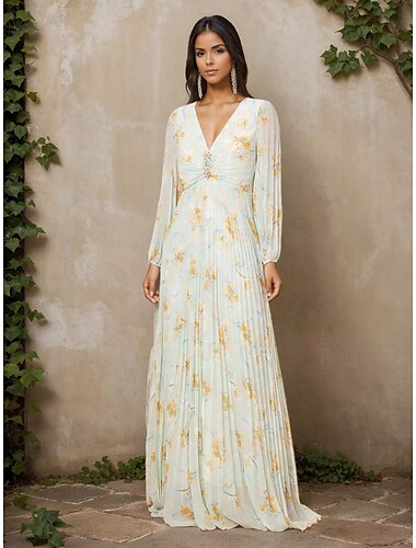  A-vonalú ruha az anyának Elegant Vintage V Nyak Padlóhosszú Virágmintás Chiffon Hosszúujjú ruhával és gombokkal