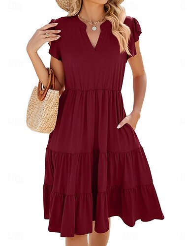  Damen Mini Kleid T-Shirt Kleid Tee Kleid A-Linien Kleid Einfarbig Sportkleid Lässig Urlaub Alltag Reguläre Passform Einfarbig Kurzarm V-Ausschnitt Schwarz Rosa Wein Dunkelgrün Sommer