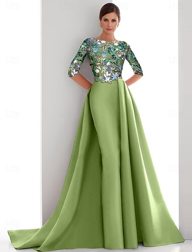  Ligne A Robe de Soirée Élégant Robe Formel Mariage Traîne Balayage Demi Manches Bijoux Satin avec Fente Broderie Appliques 2025