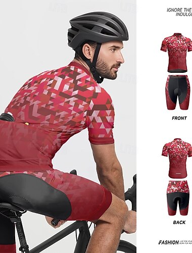  男性用 ショーツ付きサイクリングジャージー 半袖 マウンテンサイクリング ロードバイク ブラック ルビーレッド バイク スパンデックス スポーツ 幾何学模様 衣類