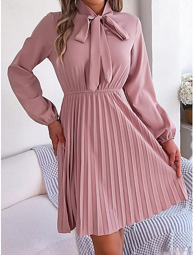  Kvinnors Mini Klänning Förkläde Klänning A-Linje Klänning Enfärgad Sommarklänning Plisserad Klänning Fest Födelsedag Semester Daglig Regular Fit Enkel Långa Ärmar V-Neck Svart Rosa Vin Kungligt Blå