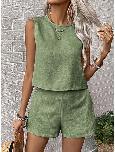  Mujer Blusa Lino de algodón sintético Pantalones cortos holgados Sin Mangas Cuello Barco Color sólido Elegante Moda Ropa de calle Casual Diario Exterior Azul Piscina Negro Naranja Verano Ajuste
