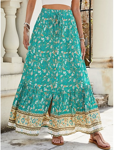  Dames Rok A-lijn Schommel Bohemen Casual Maxi Hoge taille Rokken Bloemig Afdrukken Micro-elastisch Straat Dagelijks Roze Rood Groen Zomer Polyester