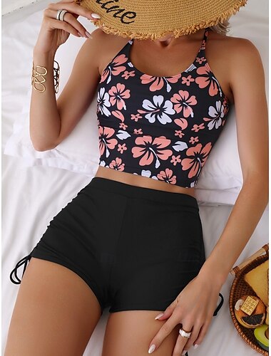  Damenbadeanzüge Bikini 2 Teile Shorts Badeanzug Rückenfrei Schlank Urlaub Strandbekleidung Blumen U-Ausschnitt Ärmellose Badeanzüge