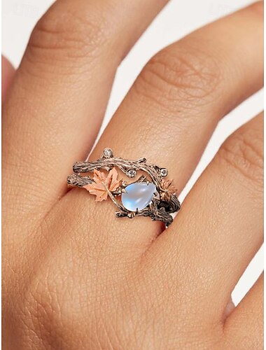 Bague en pierre de lune inspirée de la nature avec branche de feuille d'érable – bague de fiançailles bohème vintage pour femme, bijoux uniques pour mariages et cadeaux