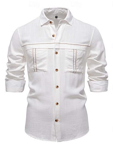  Men's Shirt Linen Shirt Cotton Linen Shirt Casual Shirt Button Up Shirt Plain Vacation Street White Dark Navy Long Sleeve Lapel Spring Clothing Apparel Pocket