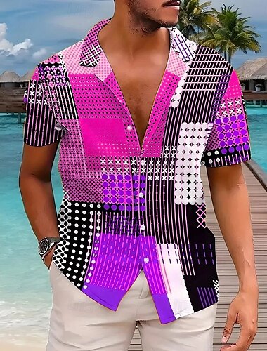  Per uomo Collage Geometrica Camicia Camicia cubana Manica corta Moda Casual Da mare Per eventi Abbigliamento di strada Estate Primavera Camicia con colletto camp Stampa 3D Giallo Blu Viola Verde