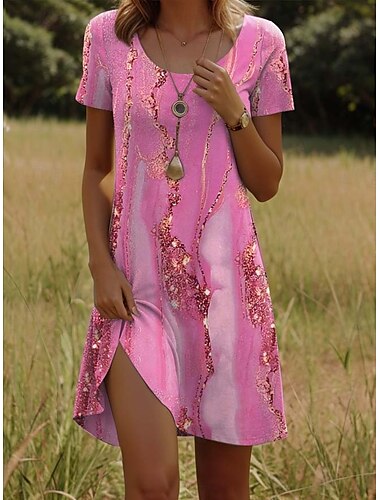  Damen Mini Kleid Freizeitkleid Petite Kleid T-Shirt Kleid Tee Kleid Sommerkleid Lässig Urlaub Lässige Tägliche Regulär Passform Ombre Abstrakt Marmor Kurzarm Rundhalsausschnitt Gelb Pink Staubiges