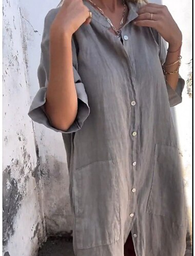  Femmes Robe Longue Maxi Robe Robes en coton et lin Robe Chemise Robe Décontractée Basique Occasionnel Vacances Occasionnel Quotidien Coupe Ample Uni Demi Manches Col de chemise Bleu Vert Kaki Gris