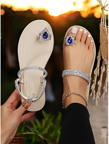  damersandaler med rhinstensudsmykning med blå ædelstensdetaljer – elegante sandaler til sommer, strand og formelle lejligheder