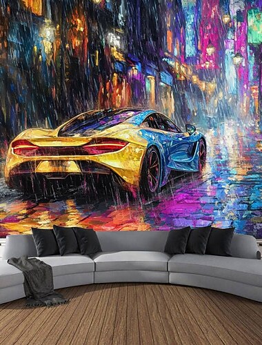  Tapisserie noire lumineuse phosphorescente Glow Party réactive aux UV rue de la ville voiture trippante brumeuse paysage naturel Tapisserie murale art mural pour salon chambre