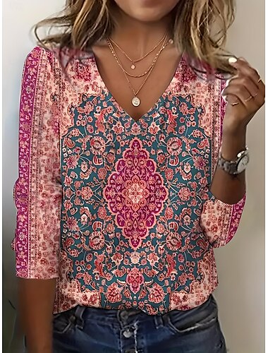  Femme T shirt Floral Rétro Vintage Elégant Rétro Vintage manche longue Col Ras du Cou Hauts réguliers du quotidien Imprimer Rouge Printemps Automne