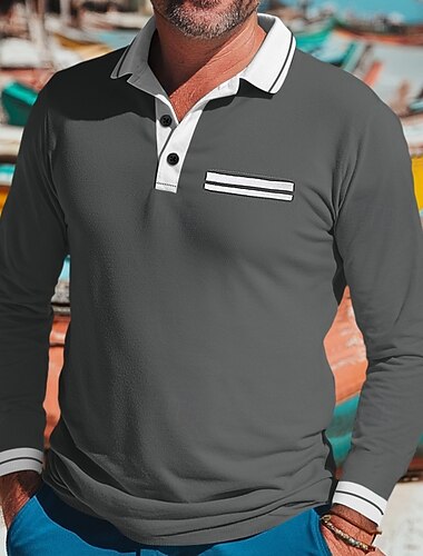  Men's Polo Shirts Golf Shirt Casual Holiday Lapel Long Sleeve Fashion Basic Color Block Patchwork Summer Regular Fit Dark Grey Burgundy Navy Blue Light Grey Polo Shirts