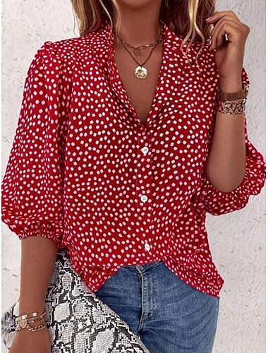  Damen Hemd Bluse Punkt Elegant Stilvoll Brautkleider schlicht Halbe Ärmel Hemdkragen Normale Oberteile Arbeit Täglich Festtage Knopf Bedruckt Rote Sommer Frühling