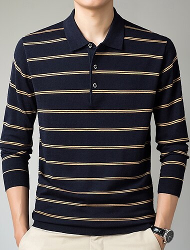  Herren-Poloshirt aus Wolle, Strick, Polopullover, formell, Arbeit, Umlegekragen, langärmlig, modern, bequem, gestreift, Knöpfe, Streifen, Frühling, Frühling & Herbst, normale Passform, Marineblau, Blau, Dunkelgrün, Braun, Polo