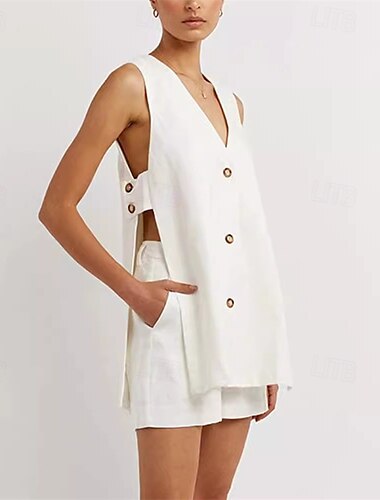  Femmes Vacances Mode Ensembles en coton et lin Ensembles deux pièces Chemisier Shorts Longueur Genou Sans manches Col en V Couleur Unie Découpé Fête Tenue quotidienne Noir Blanche Kaki Été Coupe