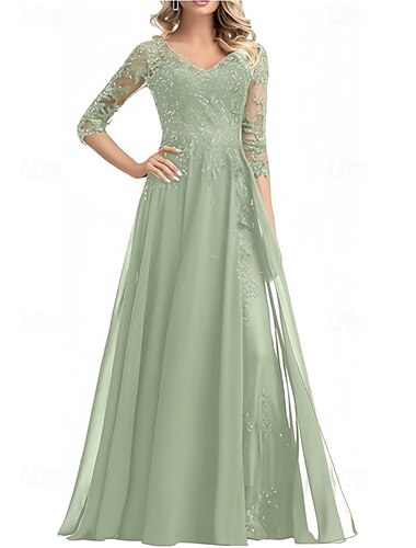  A-Linie Brautmutterkleid Hochzeitsgast Elegant V Ausschnitt Bodenlang Chiffon Dreiviertelarm mit Perlenstickerei Applikationen 2025