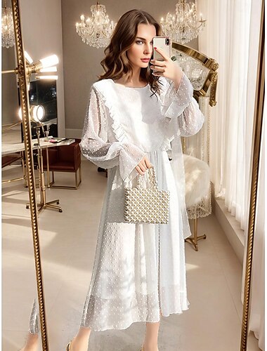  La Saint-Valentin Femme Robe mi-longue robe blanche Robe de Mousseline Elégant Rétro Vintage Manches Bouffantes Vacances Travail Casual Ajustable Pois manche longue Col Ras du Cou Blanche Printemps