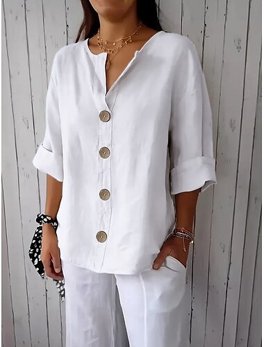  Dames Overhemd Katoenen linnen overhemden Knoop omhoog Blouse Effen Kleur Basic Casual 3/4 mouw V-hals Normale tops Dagelijks Knop Zwart Wit Rood Khaki Zomer