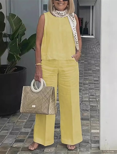  Dames Modieus Hawaii Katoenen linnen sets Tweedelige sets Hesje Linnen broek Broeken Mouwloos Strakke ronde hals Effen Kleur Alledaagse kleding Afspraakje Wit Geel Grijs Zomer Normale pasvorm