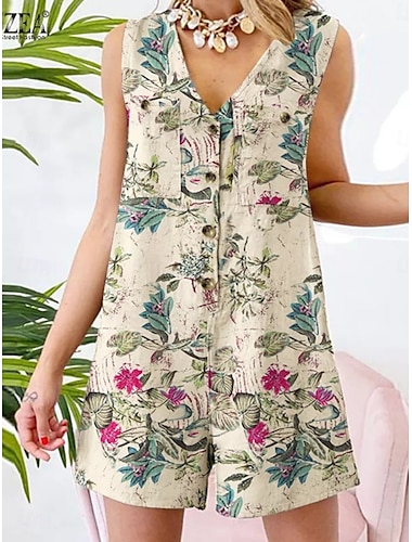  Mujer Normal Mono Activo Floral Sin Mangas Escote en Pico Botones Alta cintura Vacaciones Diario Ajuste regular Amarillo Rojo Azul Marino Verano