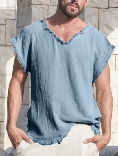  Hombre Camiseta Camiseta de lino y algodón Camiseta superior Mangas cortas Escote en Pico Verano Color sólido Moda Design Básico Crudo Vacaciones Calle Noche Negro Azul Caqui Camiseta superior para