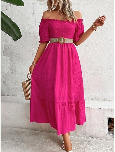 Damen Midi Kleid Korsett Kleid Sommer Kleid Einfarbig Midi Kleid Smock Kleid Melkmaid Kleid Bohemia Klassisch Geburtstag Urlaub Freizeit Urlaub Regular Fit Einfarbig Kurze Ärmel Off-Shoulder Rosa