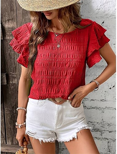  Damen Bluse Feste Farbe Elegant Täglich Stilvoll Kurzarm Rundhalsausschnitt Normale Oberteile Täglich Festtage Ausgehen Rüsche Patchwork Salbeigrün Rote Marineblau Purpur Grün Sommer Frühling
